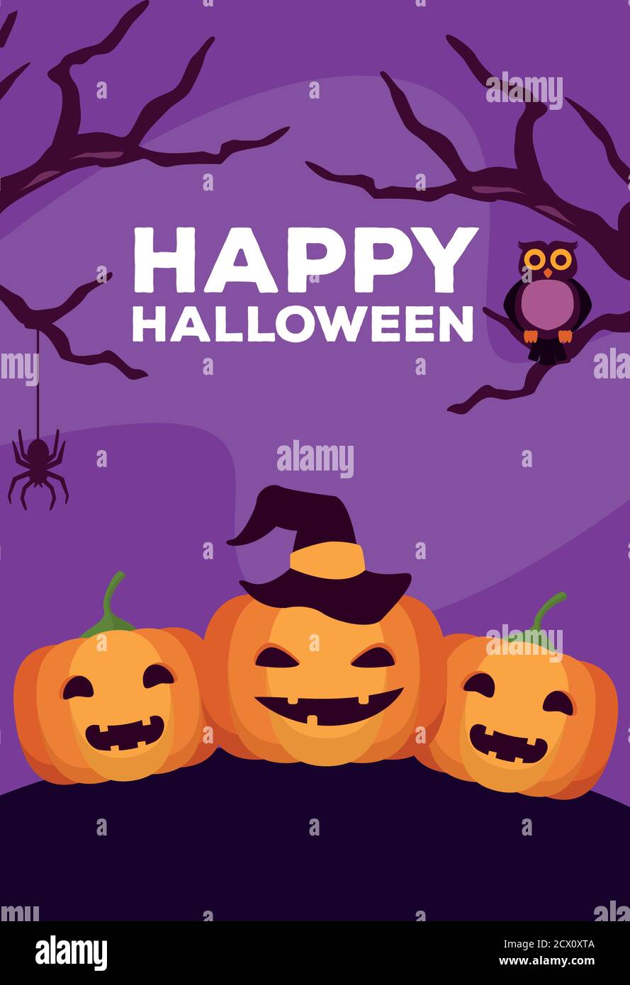 Carte De Fete D Halloween Avec Citrouilles Et Scene De Nuit De Chouette Illustration Vectorielle Image Vectorielle Stock Alamy
