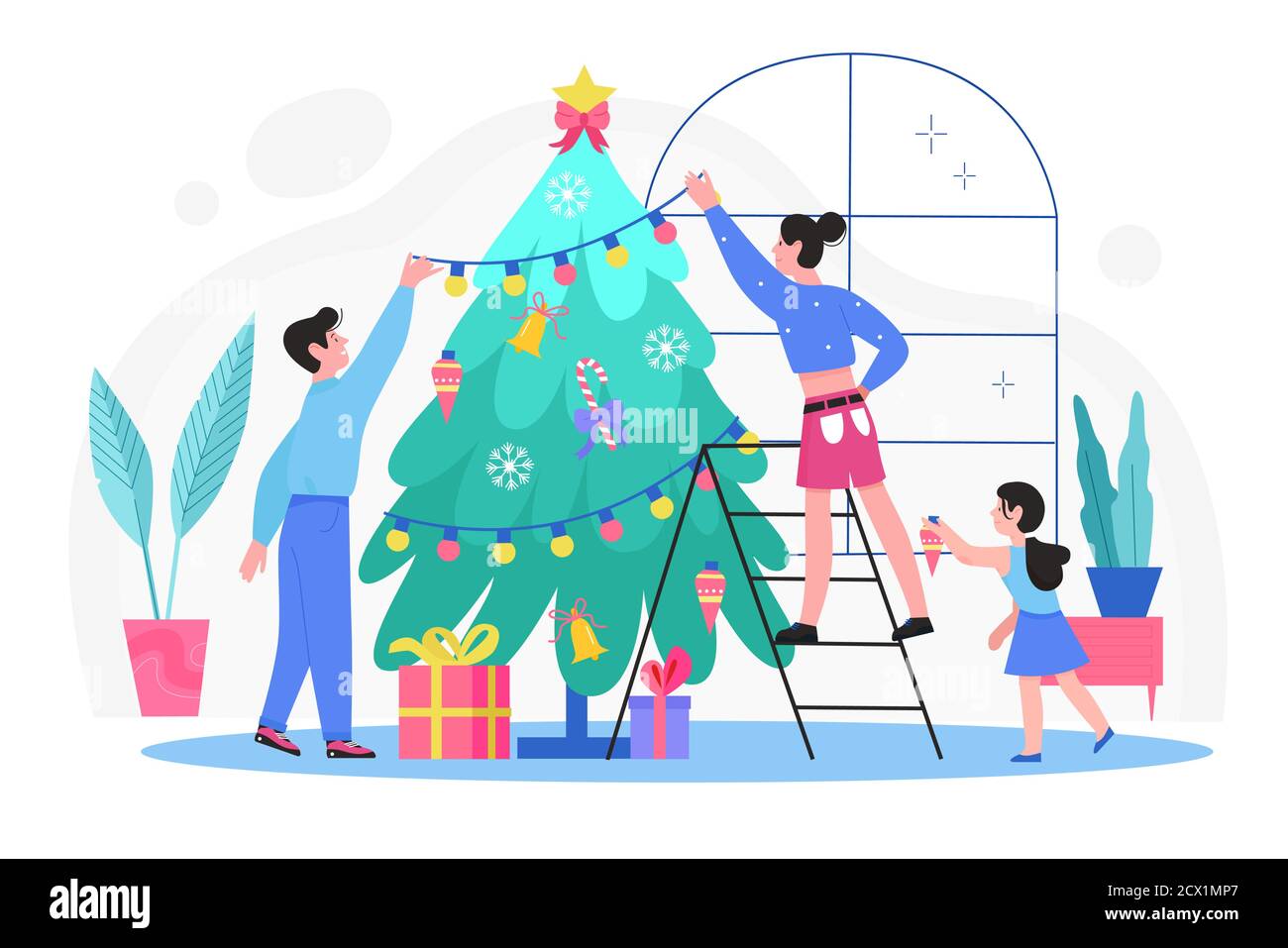 Les familles décorent l'illustration vectorielle de l'arbre de Noël