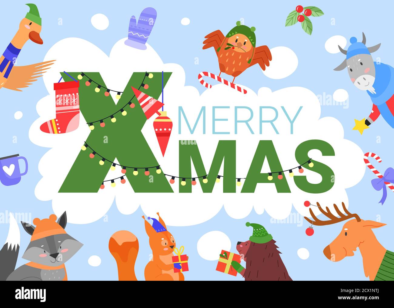 Illustration Vectorielle Merry Xmas Carte De Vœux Animee Pour Les Fetes D Hiver Avec De Jolis Personnages Animaux Sauvages Celebrant Le Joyeux Noel Avec Decoration Etoile Festive Et Boites Cadeaux Arriere Plan Image Vectorielle