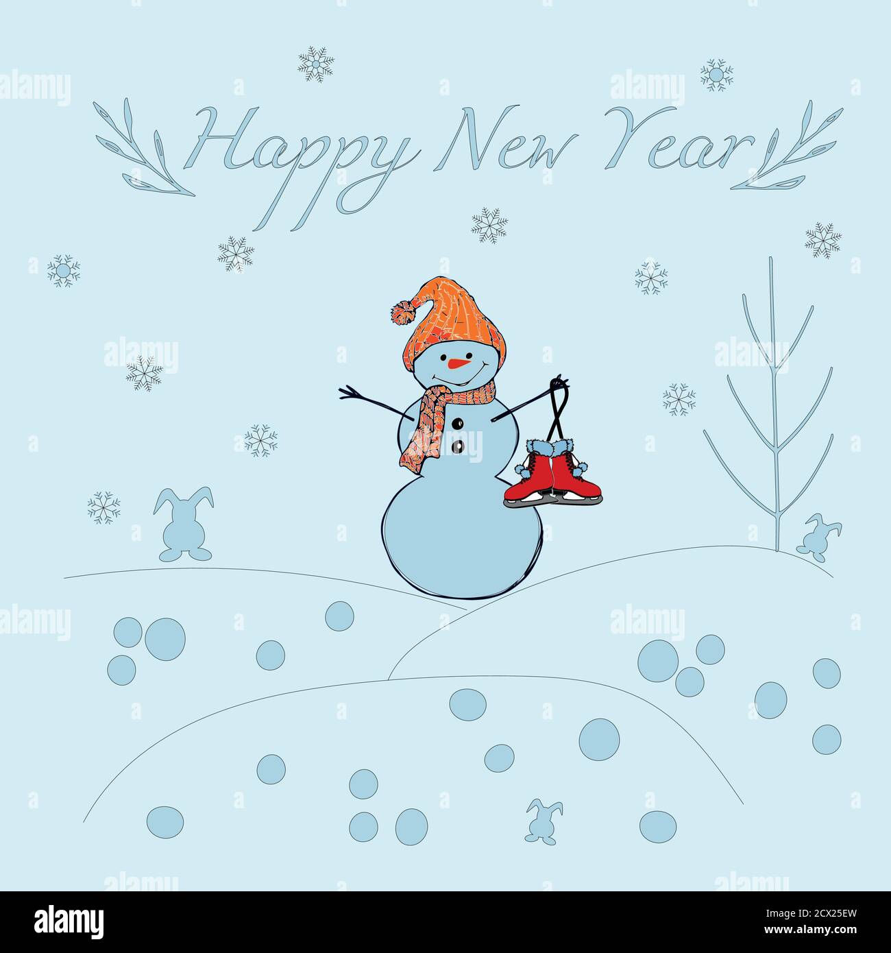 Bonhomme de neige isolé sur fond bleu, bonhomme de neige a Red Hat et foulard rouge, pour le concept de Noël. Illustration vectorielle. Illustration de Vecteur