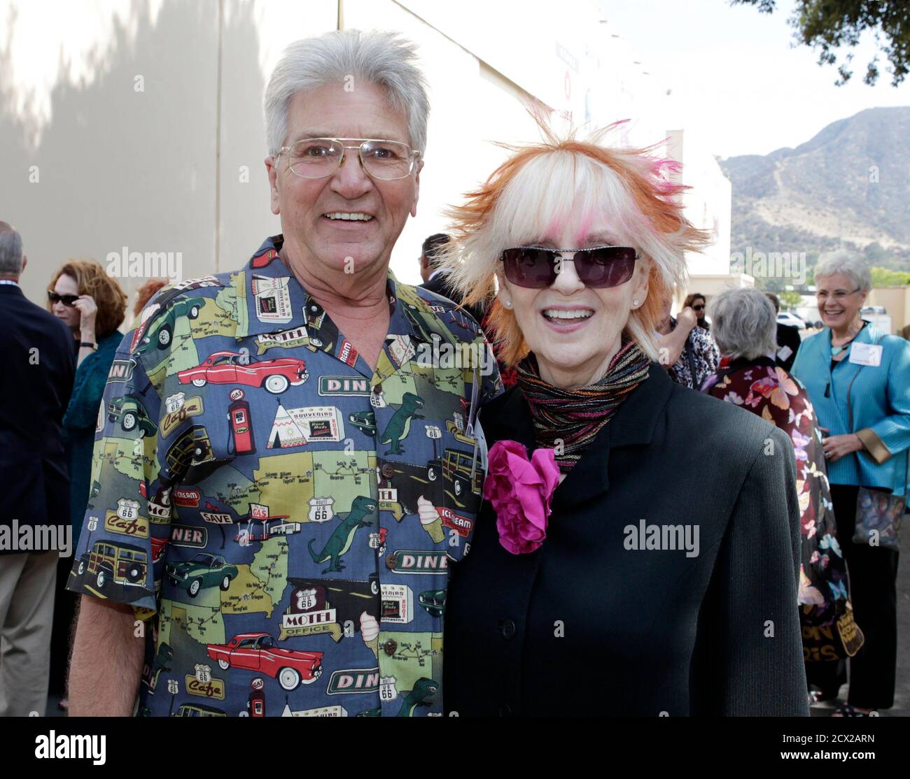 Actors Shelley Fabares (R) and Paul Petersen, stars of the 1960's TV series  "The Donna Reed Show" pose near Stage One on The Walt Disney Studios lot  before it is re-dedicated as