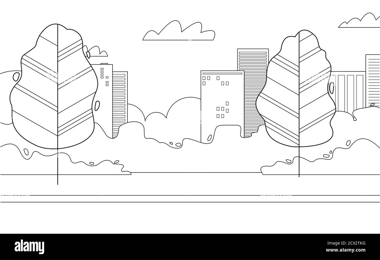 Illustration vectorielle d'un parc de la ville. Paysage de ville de dessin animé, arbres. Illustration du vecteur de contour pour un cahier de coloriage ; dessin linéaire. Illustration de Vecteur
