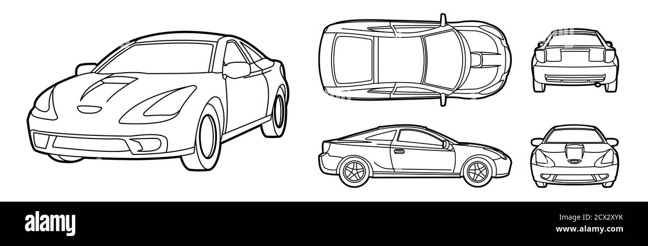 Vecteur contour car. Pour la page de livre de coloriage. Modèle de voiture coupé isolé sur fond blanc. Vue latérale, avant, arrière et supérieure. Illustration vectorielle Illustration de Vecteur