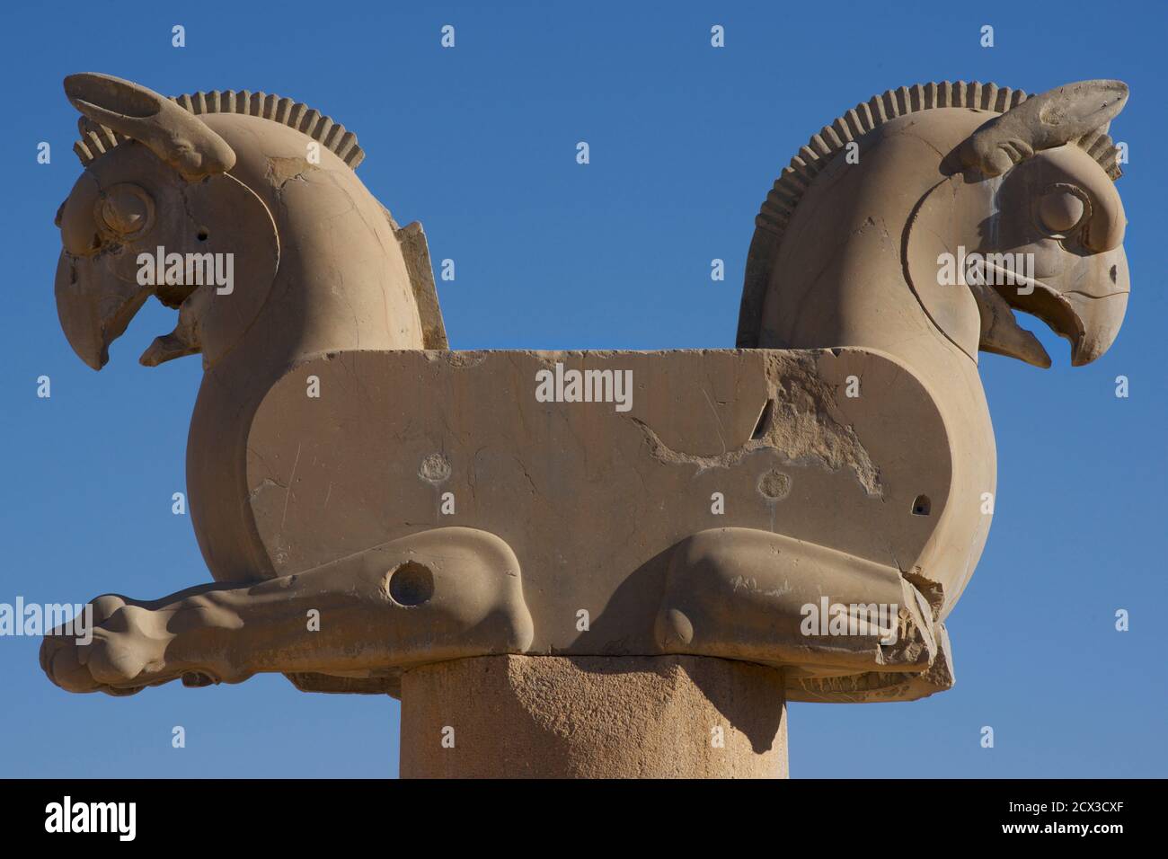 Détail de griffin à double tête. Oiseau de Homa. Les ruines d'Achaemenid de Persepolis, Iran. Banque D'Images