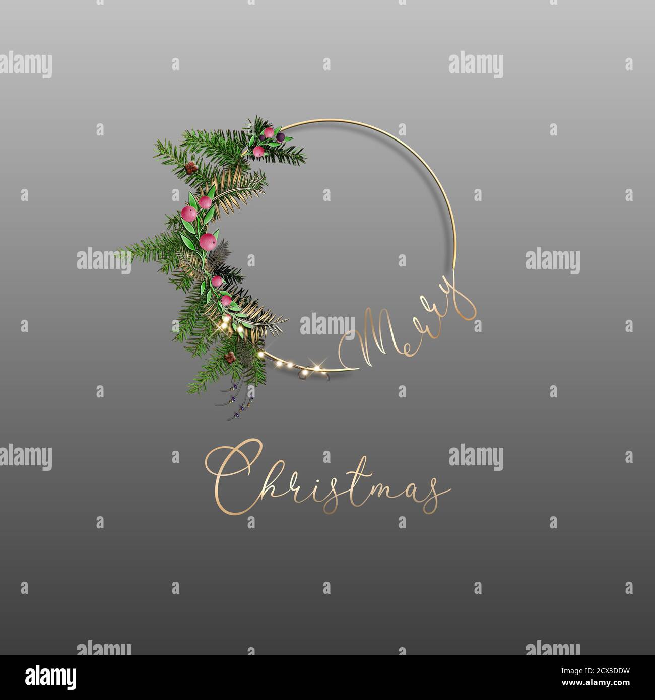 Arrière-plan des fêtes de Noël et du nouvel an. Carte de vœux de Noël. Couronne festive avec décoration et texte doré Joyeux Noël. Illustration 3D Banque D'Images