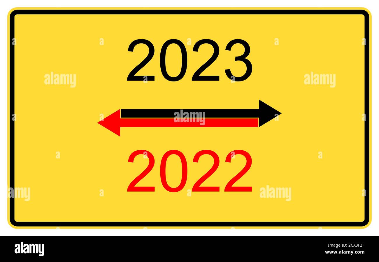 2023, 2022 nouvelle année.2023, 2022 nouvelle année sur un panneau d'affichage de route jaune. Banque D'Images
