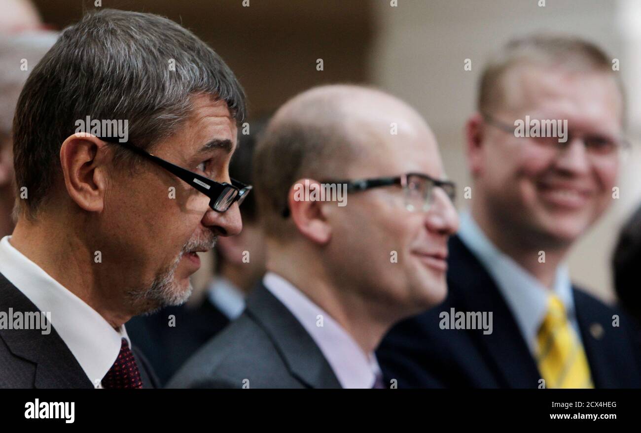 Leaders (L-R) Andrej Babis of the ANO movement, Bohuslav Sobotka of the  Social Democratic Party (CSSD) and Pavel Belobradek of the Christian and  Democratic Union (KDU-CSL), attend a news conference after signing