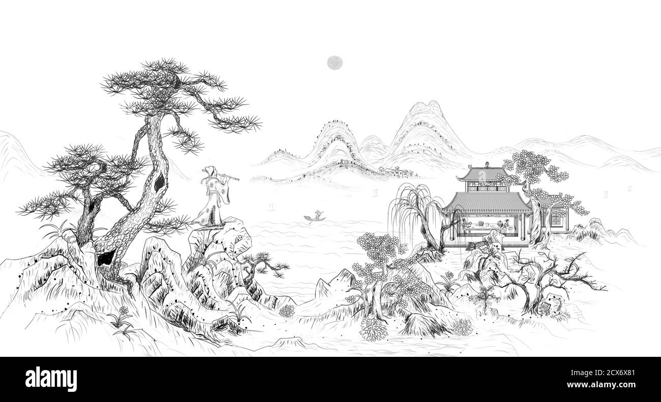 Illustration de dessin de ligne de style chinois Piper Banque D'Images