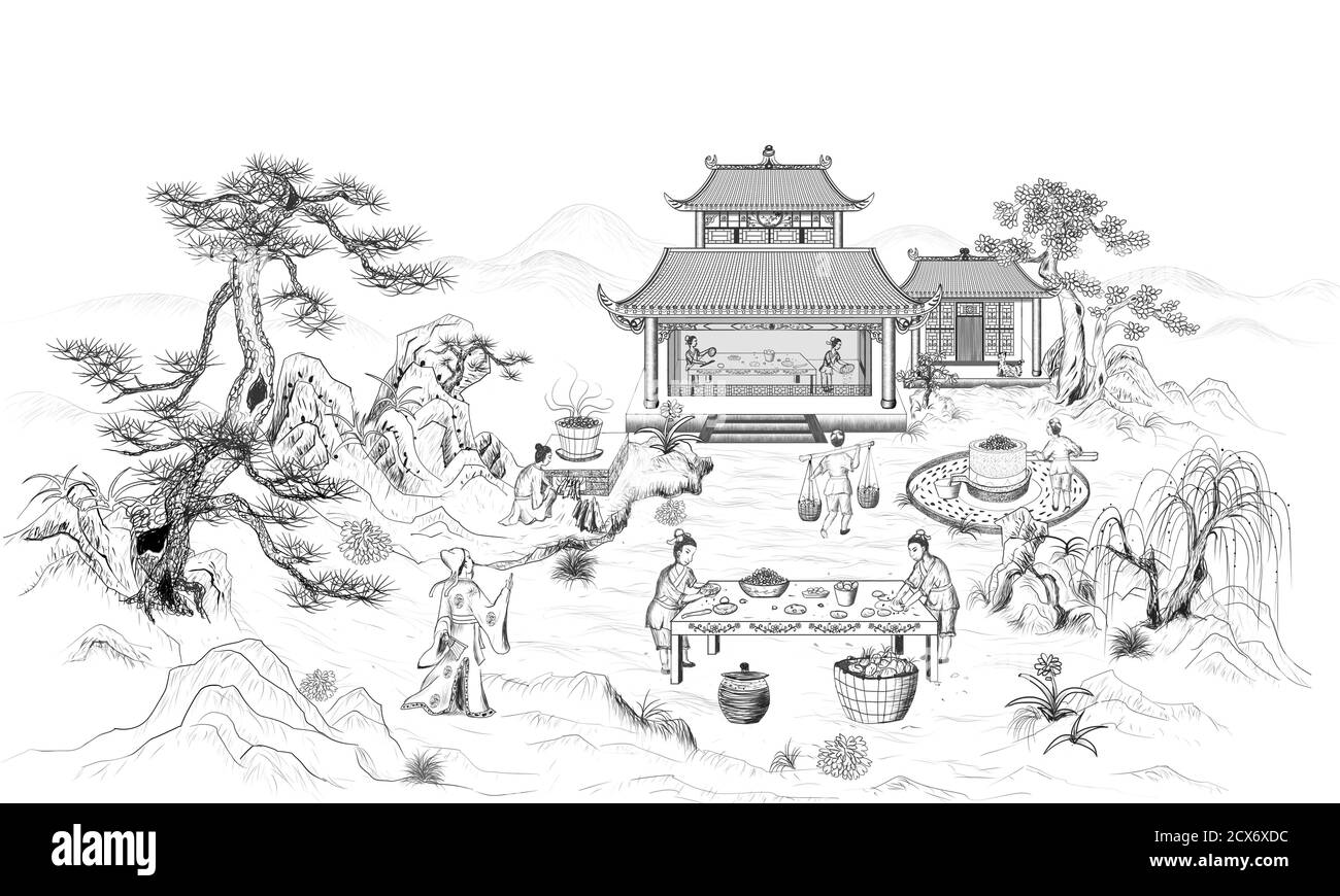 Illustration d'un dessin de ligne d'un ancien atelier manuel traditionnel Banque D'Images