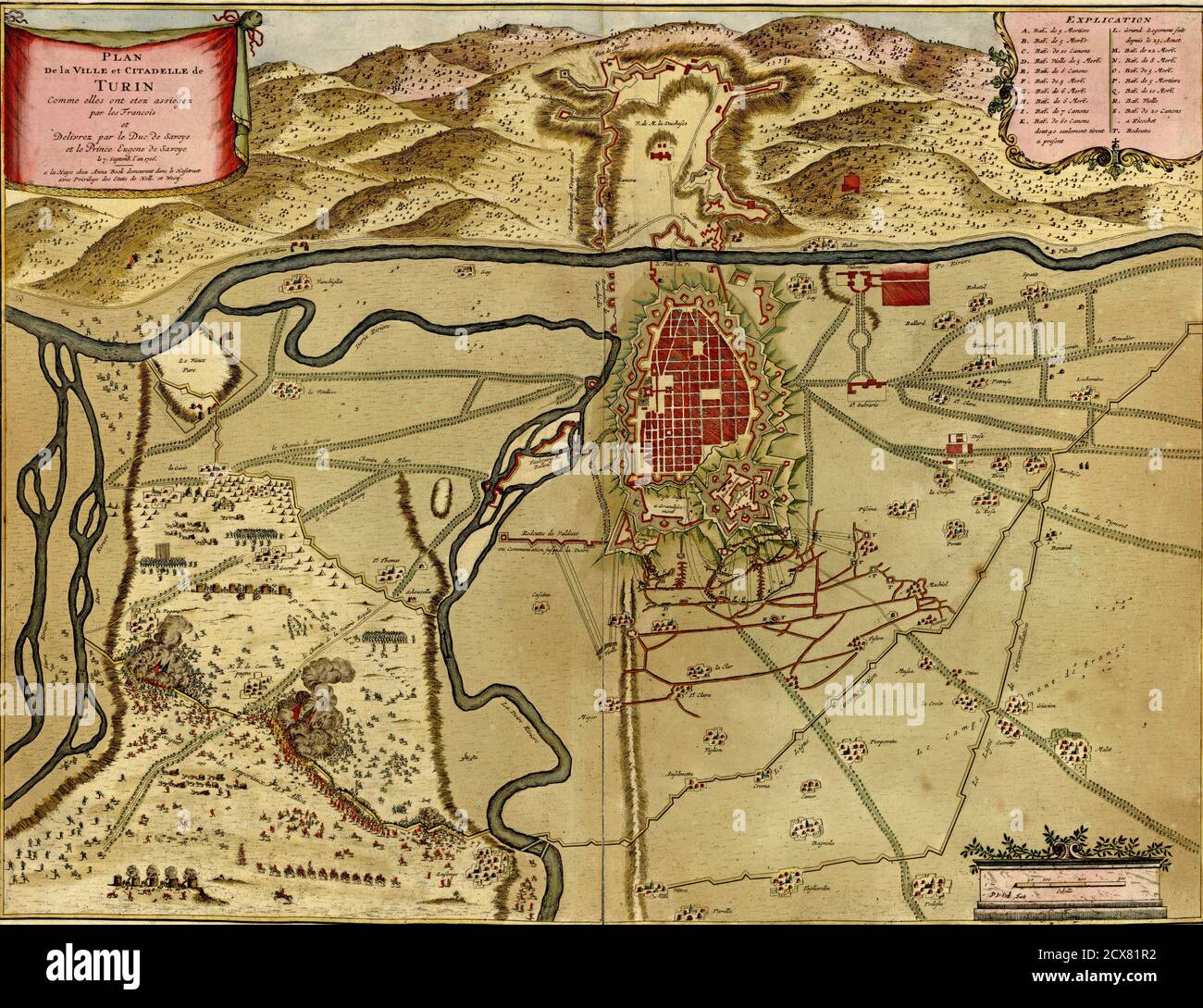 Carte antique de Turin, Italie de l'Atlas des fortifications et des batailles, par Anna Beek et Gaspar Baillieu, publié à l'origine au XVIIe siècle. Banque D'Images