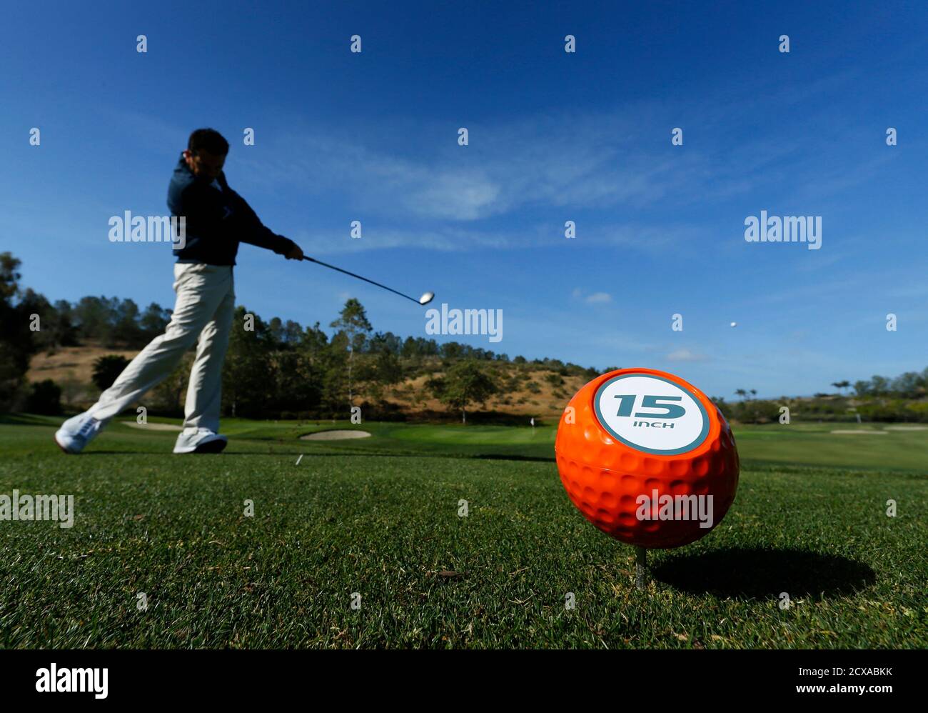 A tee marker noting that the hole has a 15-inch inch hole is shown at the TaylorMade golf facility in Carlsbad, California May 9, 2014. According to the Golf Foundation (NGF),