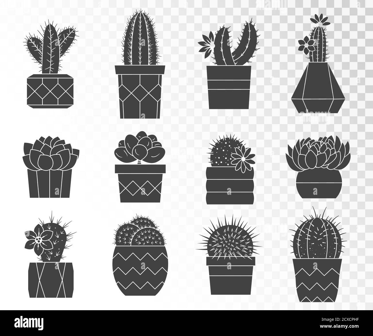 Ensemble vectoriel de cactus et de succulents dans des pots de fleurs. Collection de silhouettes. Illustration de Vecteur