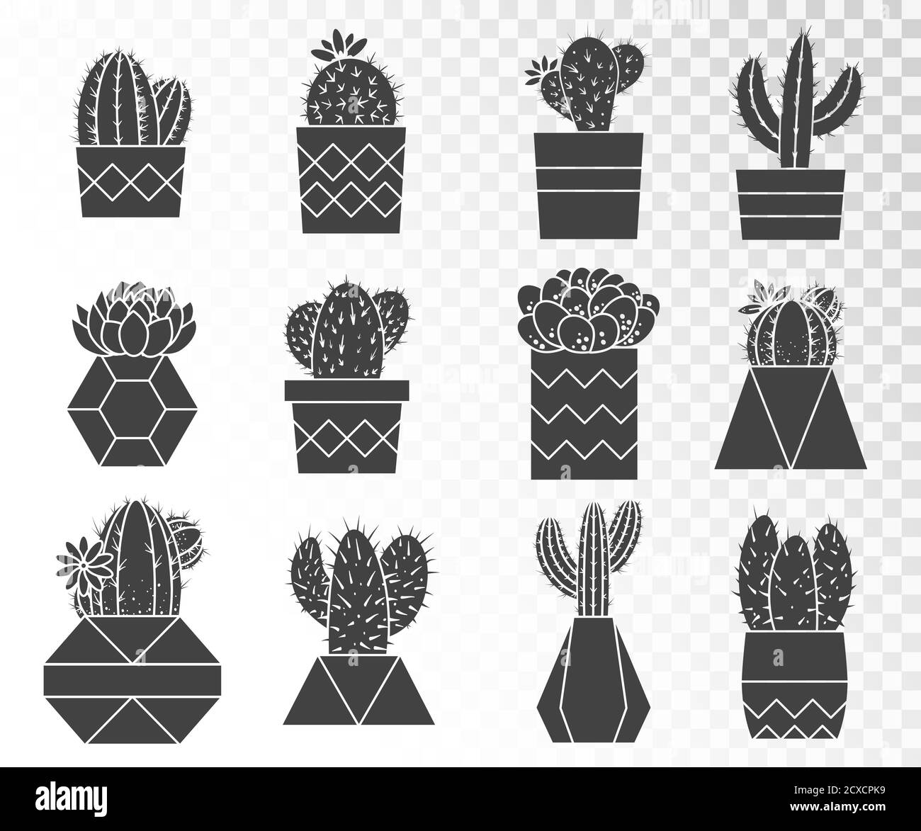 Ensemble vectoriel de cactus et de succulents dans des pots de fleurs. Collection de silhouettes. Illustration de Vecteur