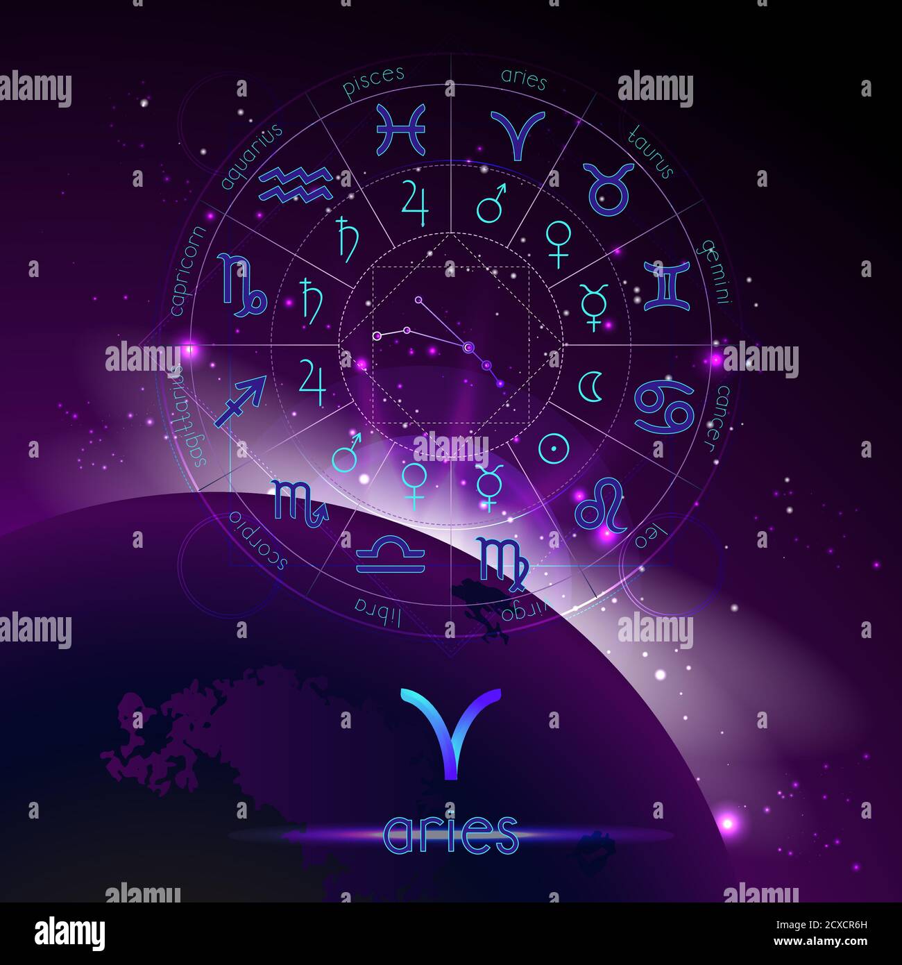 Illustration vectorielle du signe et de la constellation BÉLIER et Horoscope cercle avec des pictogrammes d'astrologie sur le fond de l'espace avec le lever du soleil. Sacré s Illustration de Vecteur