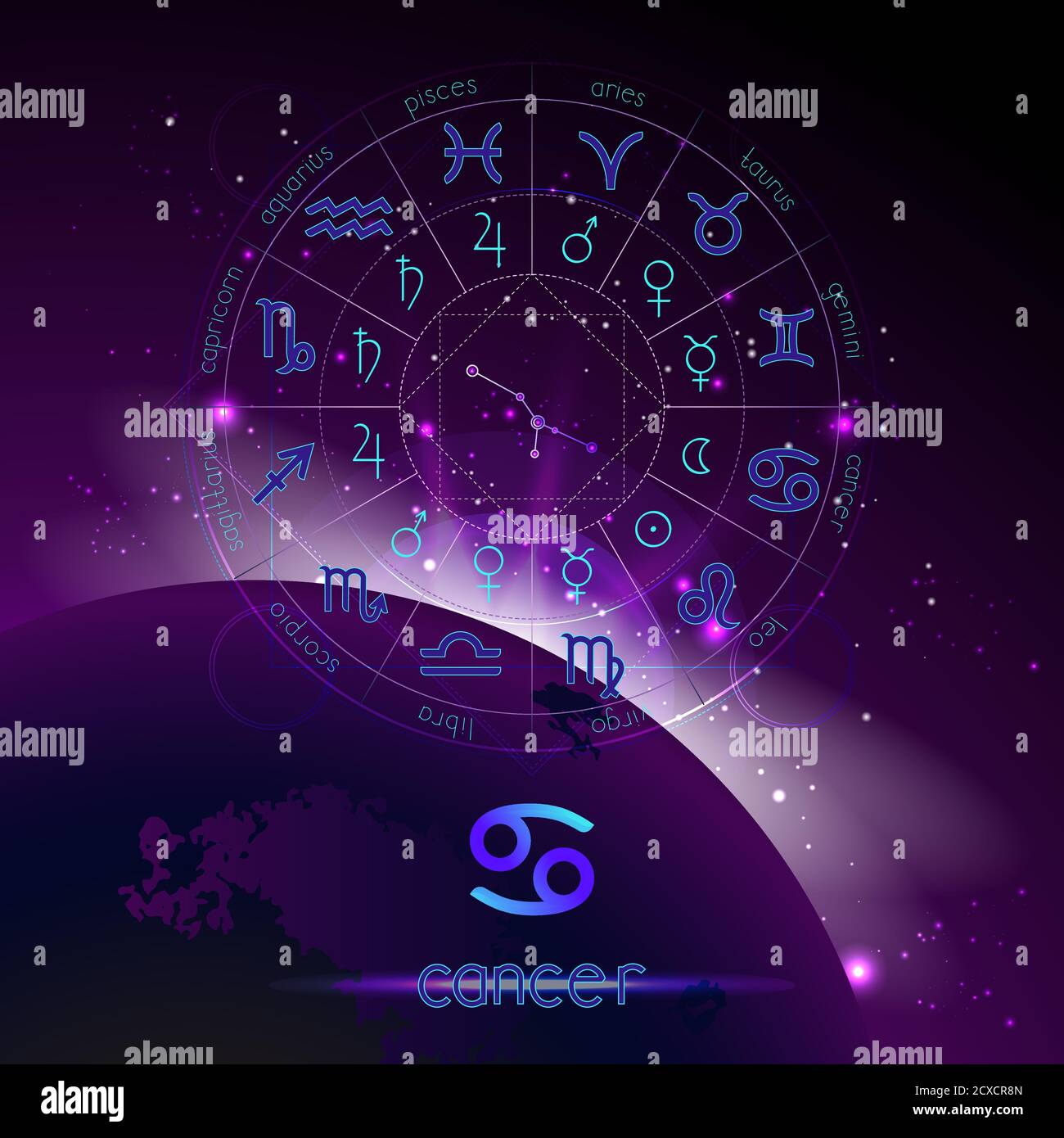 Illustration vectorielle du signe et de la constellation DU CANCER et cercle de l'horoscope avec des pictogrammes d'astrologie sur le fond de l'espace avec le lever du soleil. Sacré Illustration de Vecteur