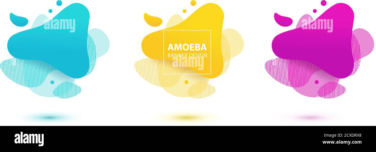Design liquide amoeba. Formes d'amibe colorées dynamiques. Modèle de bannière moderne pour logo, prospectus, présentation. Couleurs jaune, rouge, bleu Illustration de Vecteur