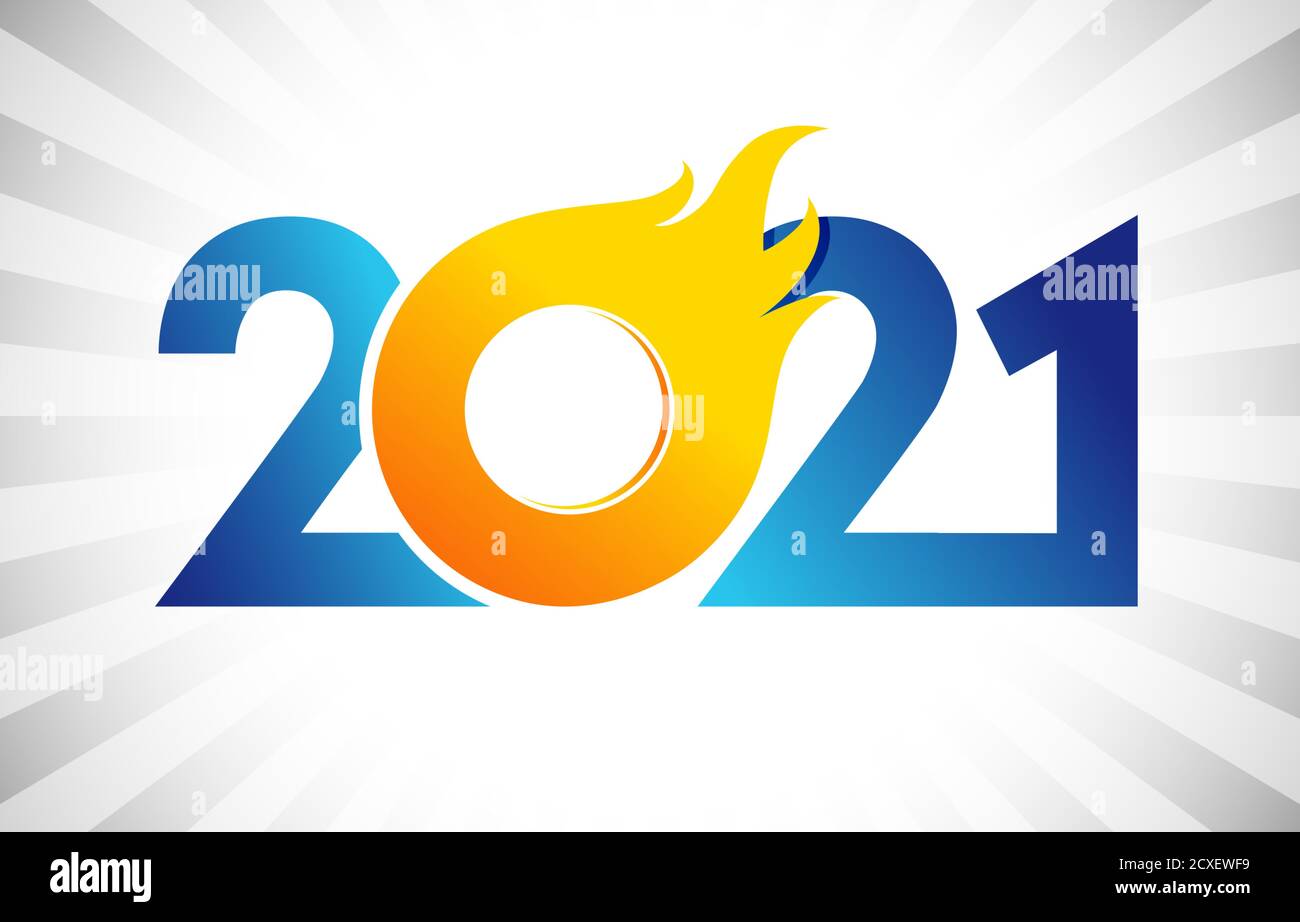 2021 UN concept de bonne année. Logo Fiery. Modèle de conception graphique isolé abstrait. Numéros décoratifs. Chiffres de couleur bleue et jaune. Illustration de Vecteur