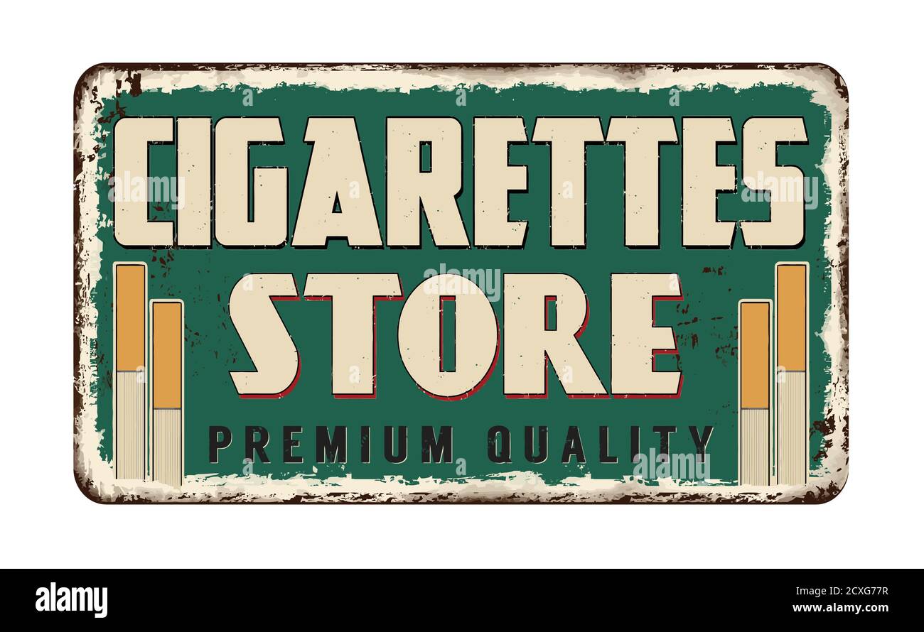 Affiche métallique rouillée vintage pour magasin de cigarettes sur fond blanc, illustration vectorielle Illustration de Vecteur