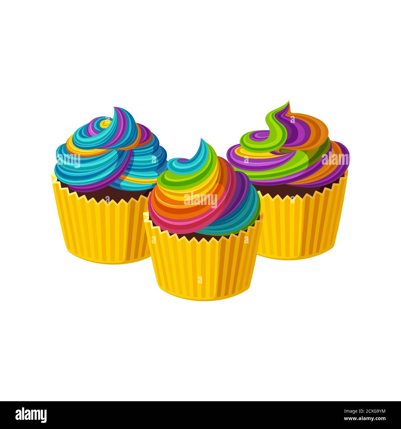 Petits gâteaux avec glaçage arc-en-ciel tournoyé. Créez des gâteaux savoureux à la crème colorée. Illustration vectorielle dans un joli style de dessin animé Illustration de Vecteur