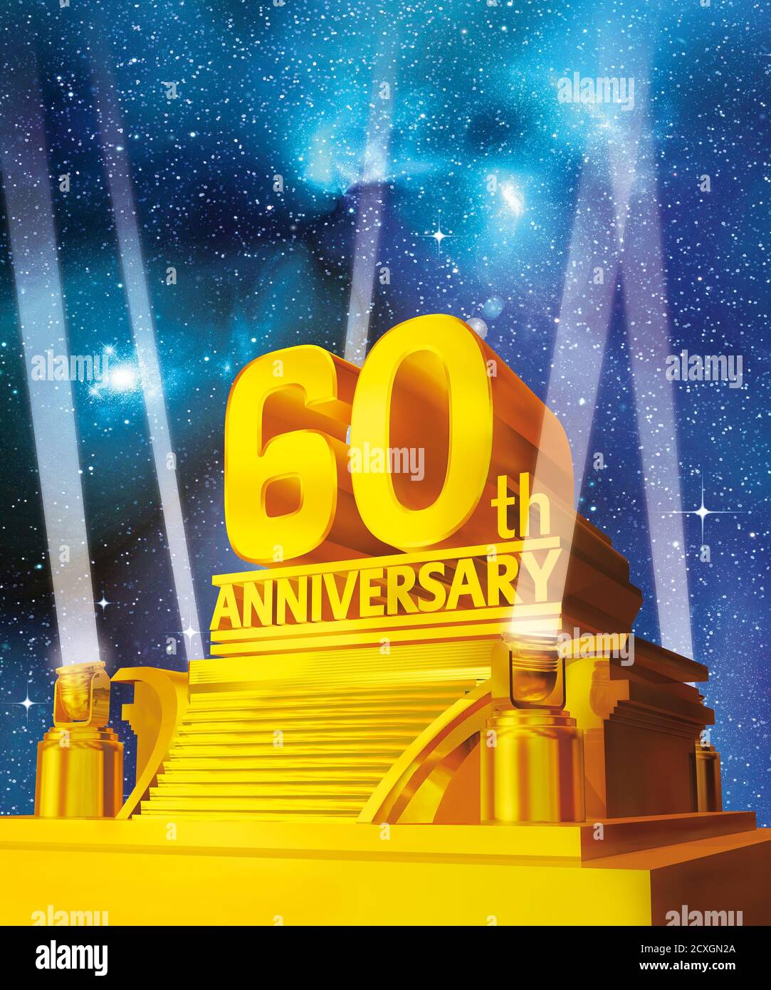 60 ans d'or sur la plate-forme contre fond galaxie Banque D'Images