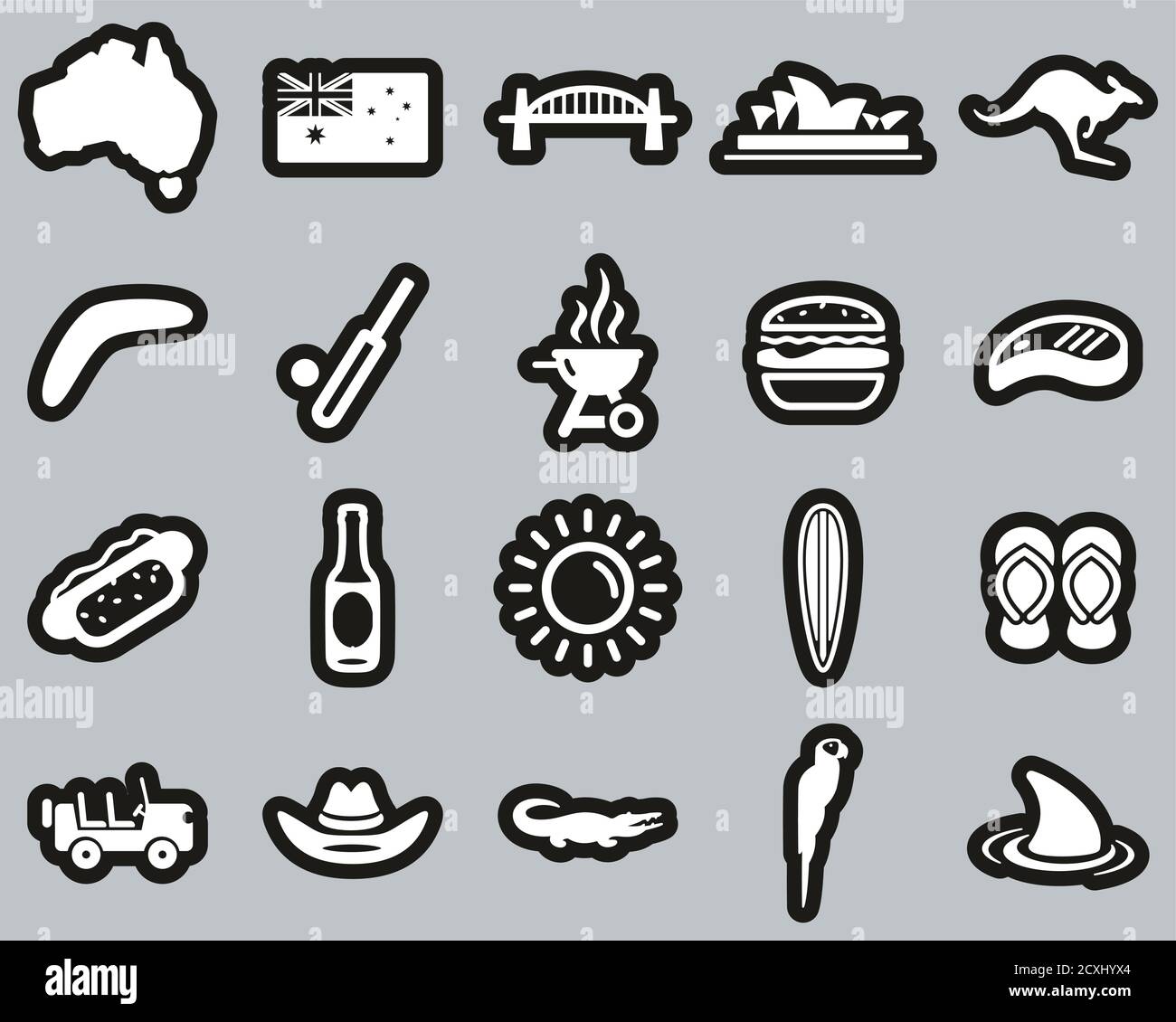 Australia Country & Culture Icons – ensemble d'autocollants blancs sur noir Grande Illustration de Vecteur