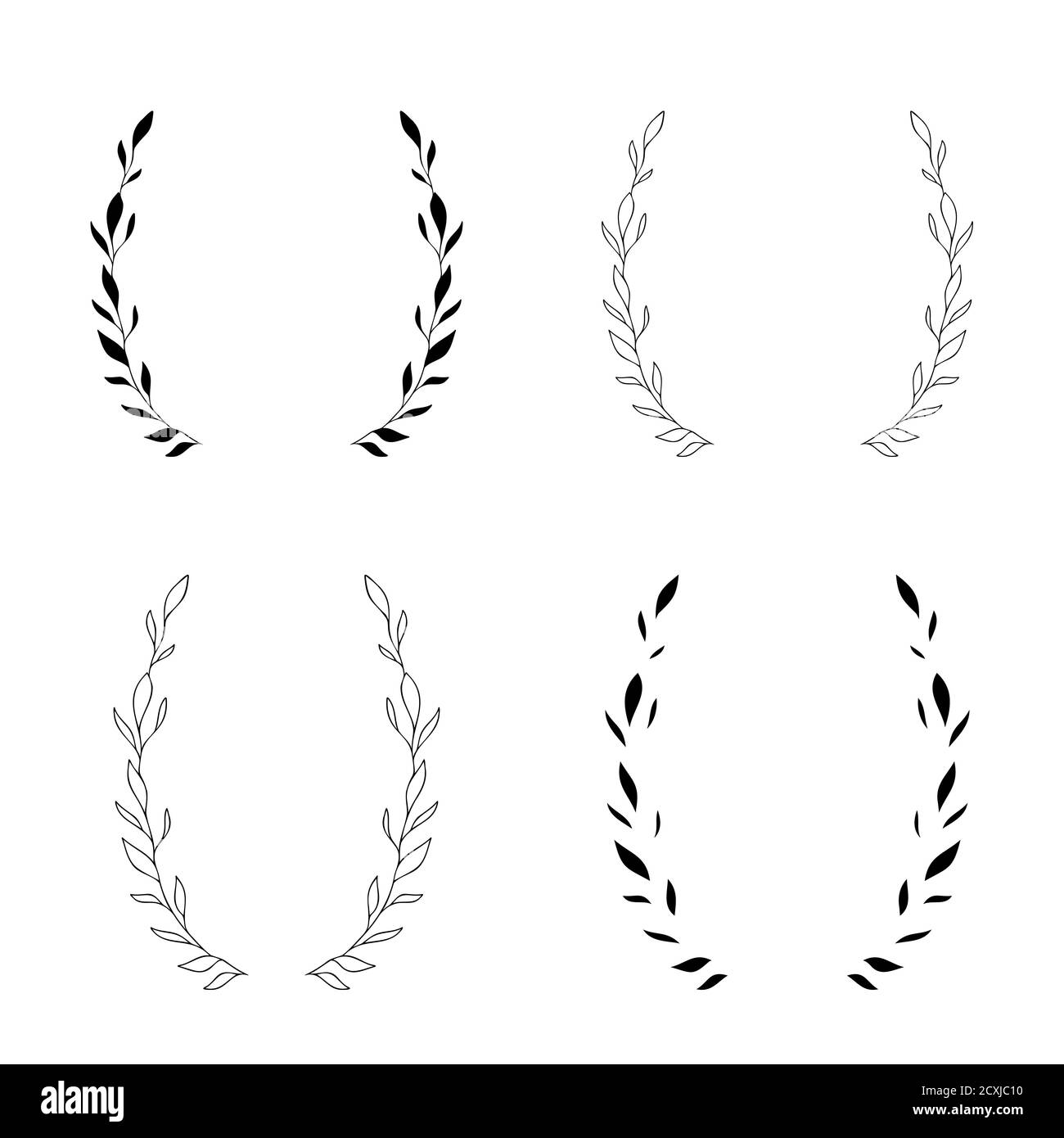 Laisse le cadre de la couronne de Laurel tirée à la main. Couronne botanique simple. Cadre de la branche de mariage. Couronne noire à fleurs vectorielles. Illustration de Vecteur