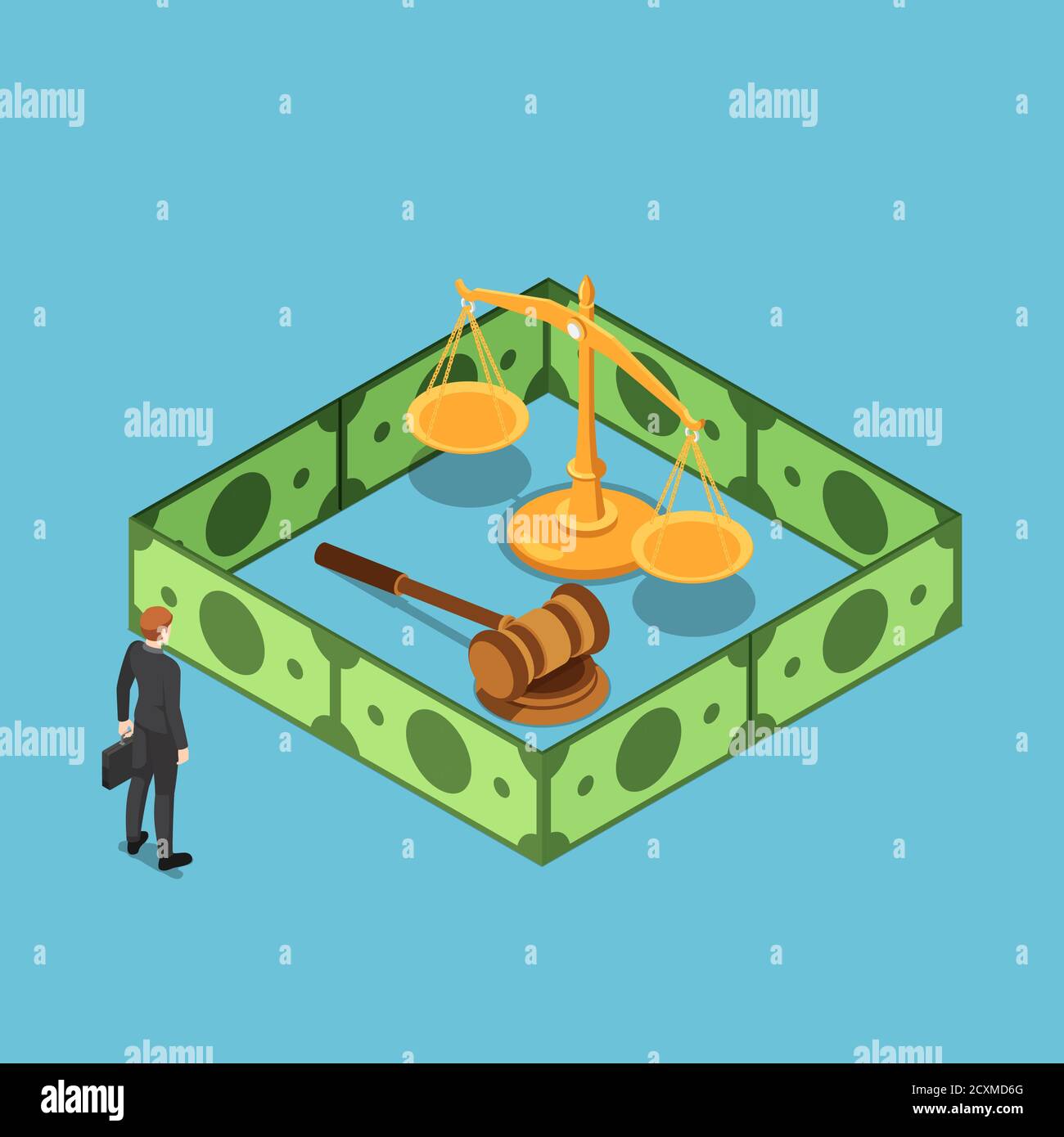 Homme d'affaires isométrique 3d plat debout avec un gavel de justice entourant par le mur de facture de dollar. Justice et corruption. Illustration de Vecteur Homme d'affaires isométrique 3d plat debout avec un gavel de justice entourant par le mur de facture de dollar. Justice et corruption. Illustration de Vecteur