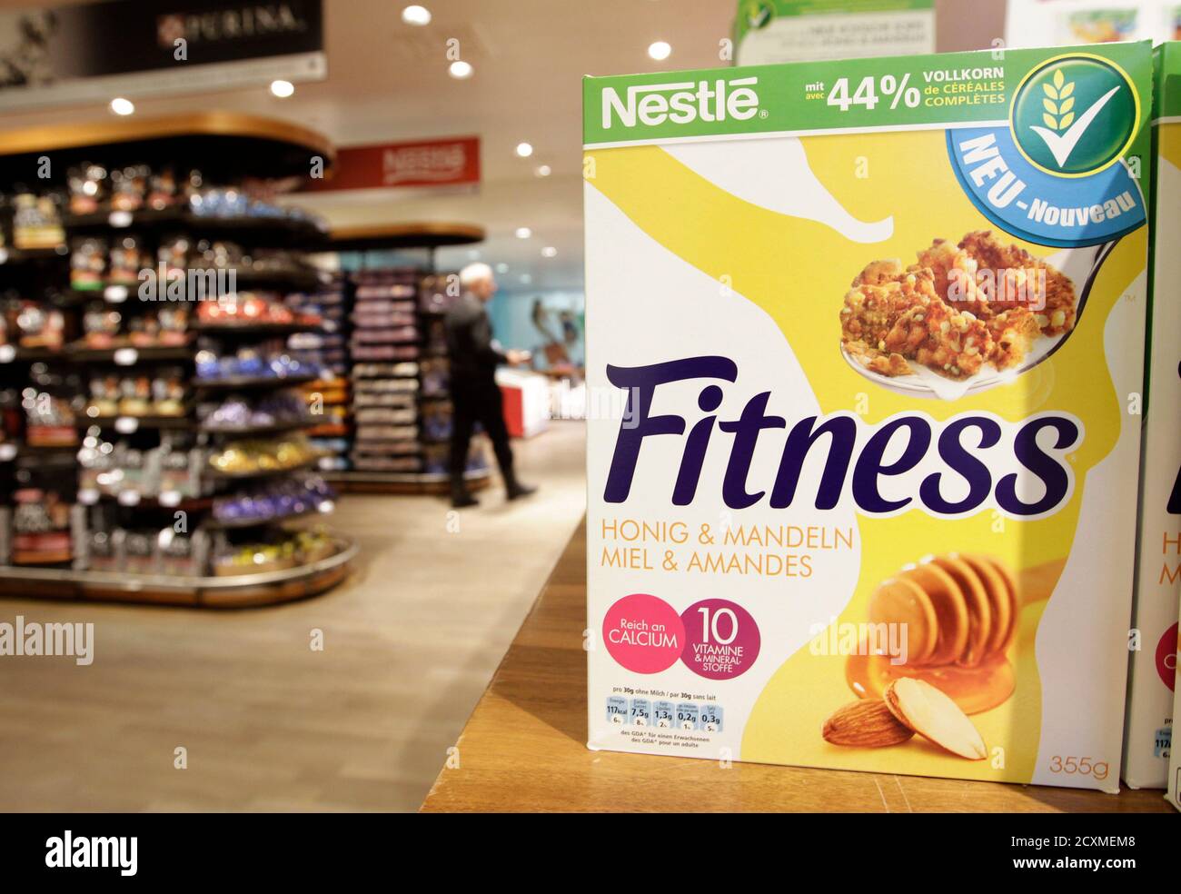 A box of cereal is seen in the company supermarket at the Nestle  headquarters in Vevey February 16, 2012. Nestle echoed the cautious 2012  tone of other global food manufacturers on Thursday