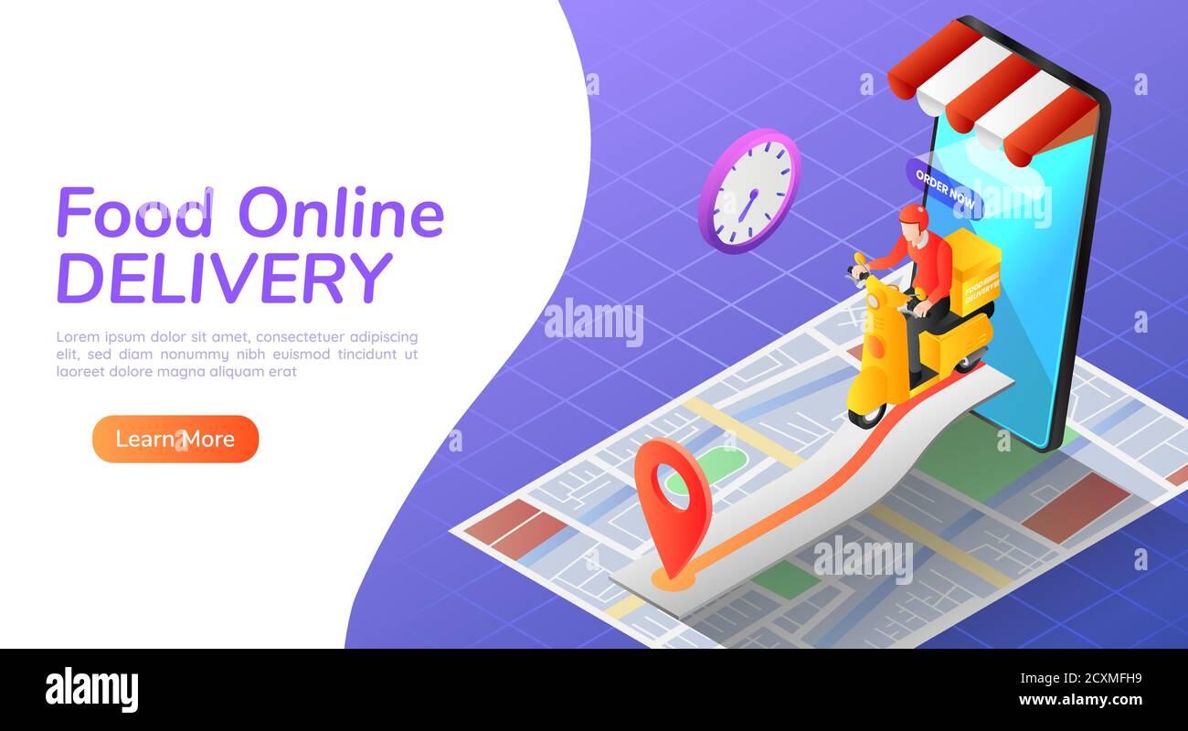 3d isométrique web bannière livraison homme moto avec commande en ligne de nourriture et à la maison de livraison de service sur smartphone. Livraison de nourriture et achats en ligne Illustration de Vecteur