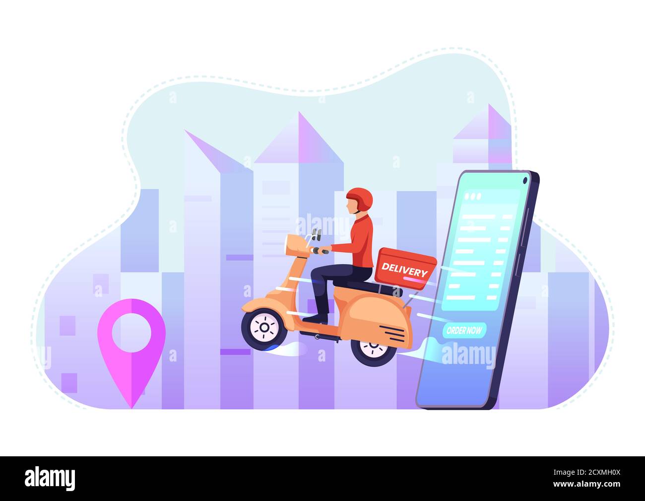 La moto de l'homme de livraison sort du smartphone. Concept de service de livraison d'aliments et de marchandises. Illustration de Vecteur