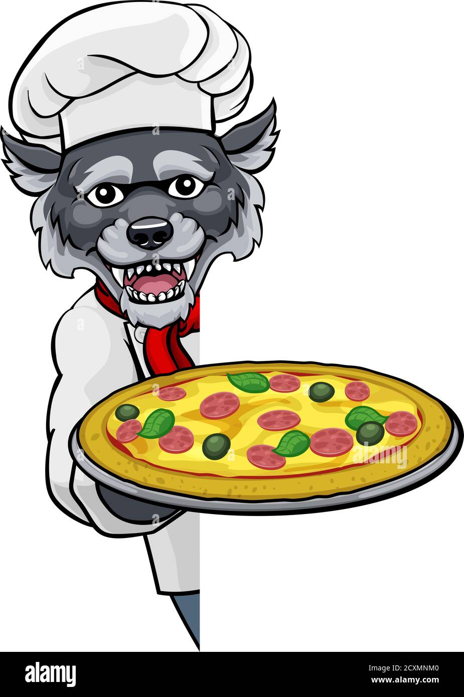 Wolf Pizza Chef Cartoon Restaurant Mascot Sign Illustration de Vecteur