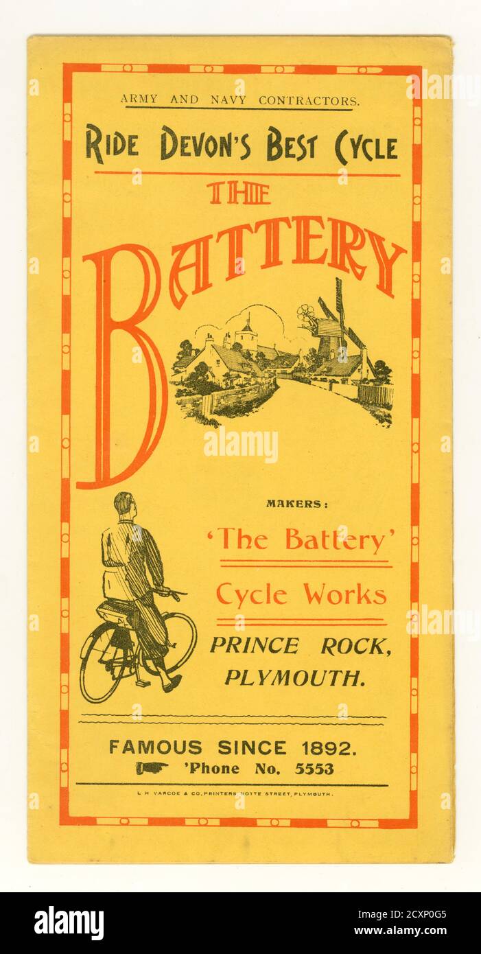 Original vintage cyclisme, brochure imprimée vers 1936 - pour Battery cycle Works, Plymouth, Devon, Royaume-Uni Banque D'Images