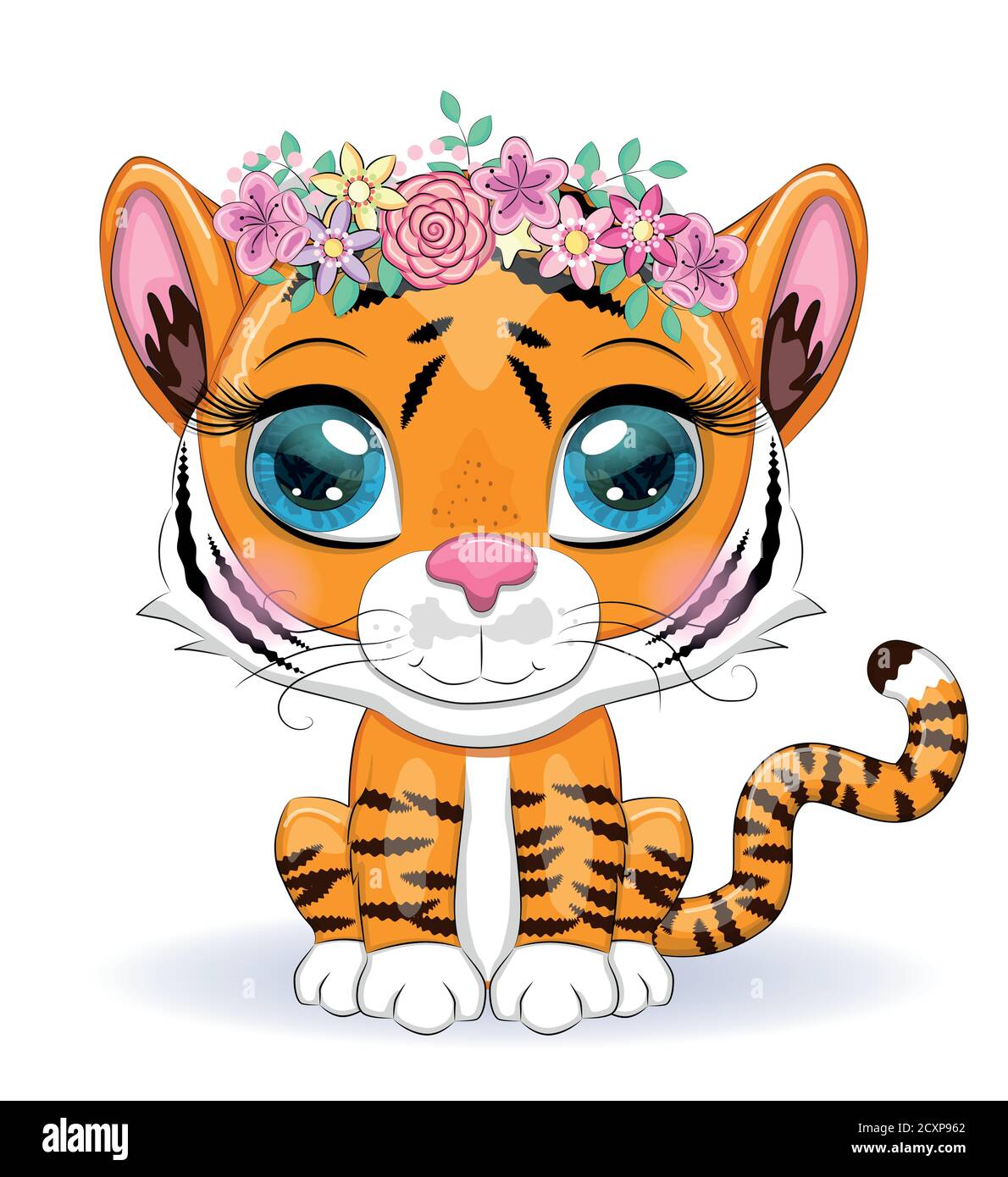 Joli Dessin Anime Tigre Avec De Beaux Yeux Brillant Orange Pour Cartes De Vœux Image Vectorielle Stock Alamy