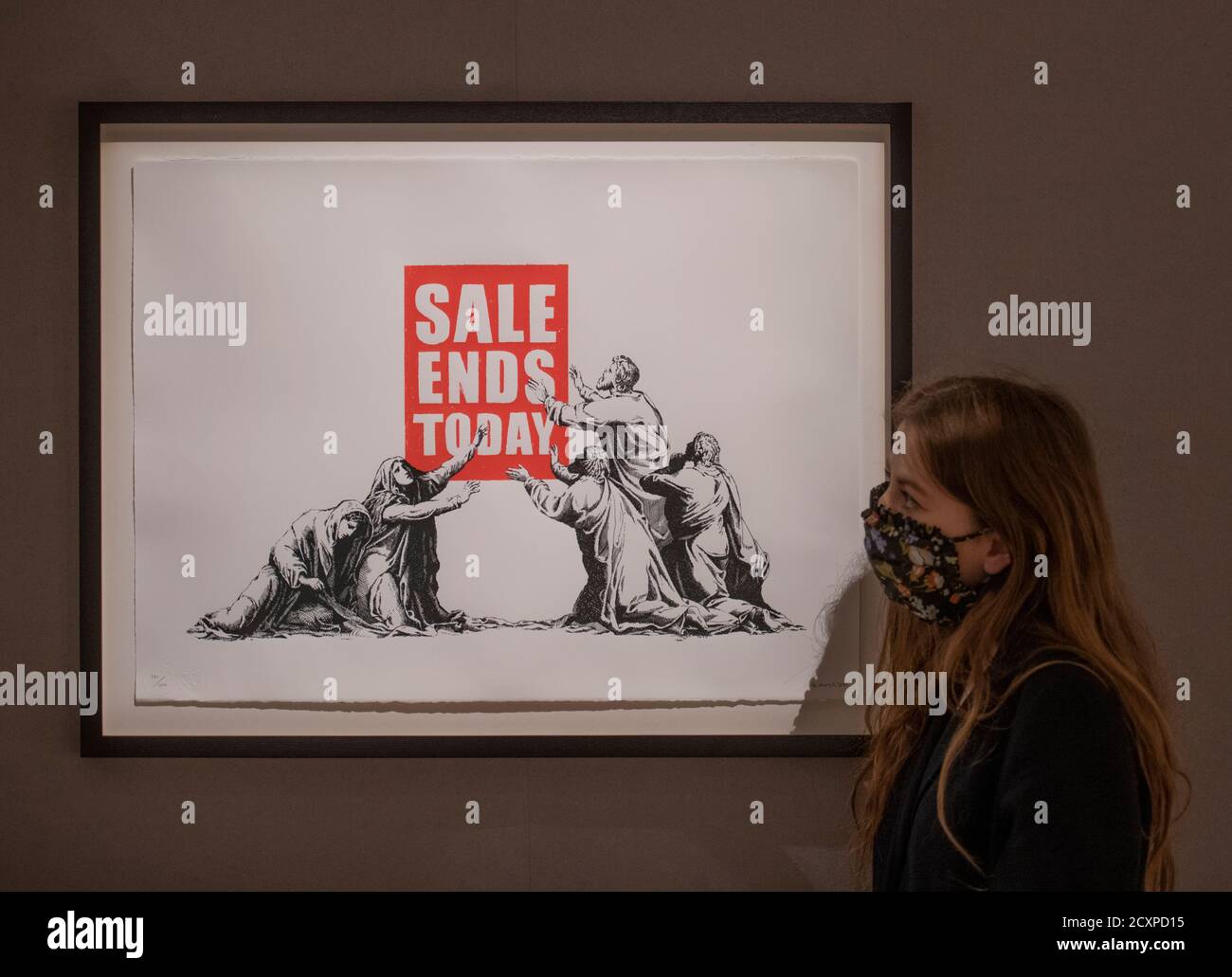 Bonhams, New Bond Street, Londres, Royaume-Uni. 1er octobre 2020. La publicité de Bonhams Pop x Culture à New Bond Street explore la pop, l'art de la rue et les formes d'art connexes qui ont balayé le monde entier, influençant la mode, la musique et la culture de la jeunesse et présente l'art moderne et contemporain, des imprimés, des souvenirs de divertissement et des articles de mode, tous liés au thème de la « pop ». Image: Banksy (né en 1975), fin des ventes (V.2), 2017. Estimation: £20,000 - 30,000. Crédit : Malcolm Park/Alay Live News. Banque D'Images