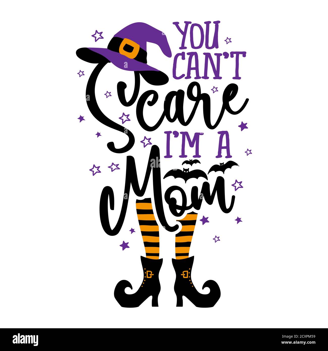 Vous ne pouvez pas me faire peur, je suis une maman - Halloween citation sur fond blanc avec balai, chauves-souris et chapeau de sorcière. Bon pour t-shirt, mug, réservation de rebut, cadeau, pri Illustration de Vecteur