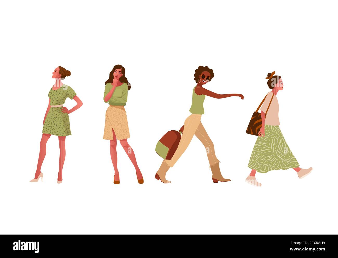 Ensemble avec la marche, debout, la pensée, les filles heureuses. Illustration de Vecteur