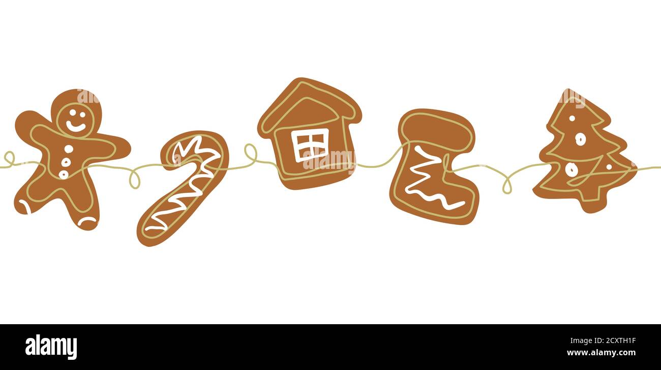 Biscuits de pain d'épice bordure de noël. Un dessin continu de pain au gingembre cuit, un arbre, une maison, une chaussette. Arrière-plan de dessin au trait, bordure Illustration de Vecteur