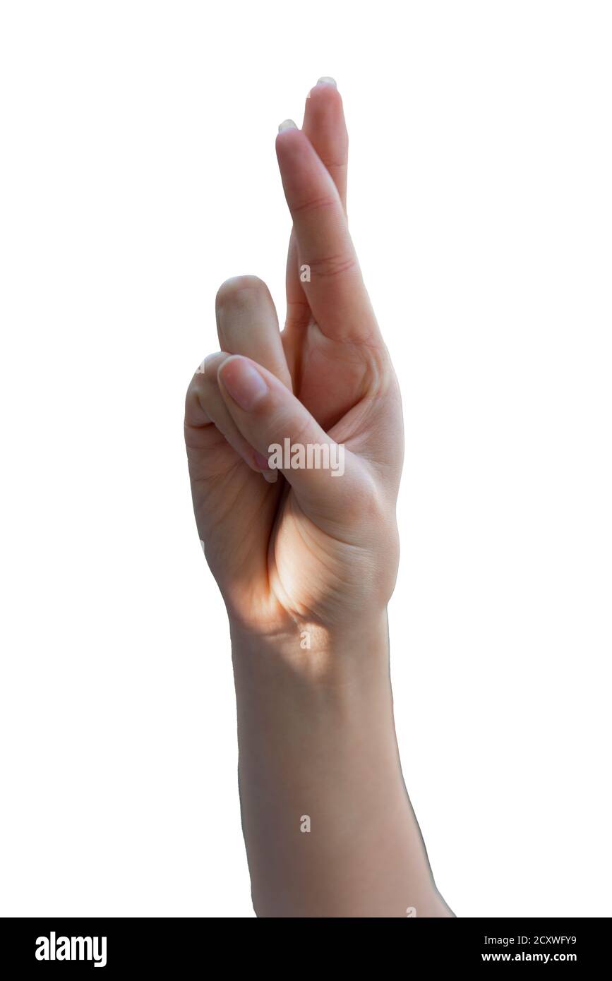 main isolée sur fond blanc, bon signe de chance avec deux doigts . Banque D'Images