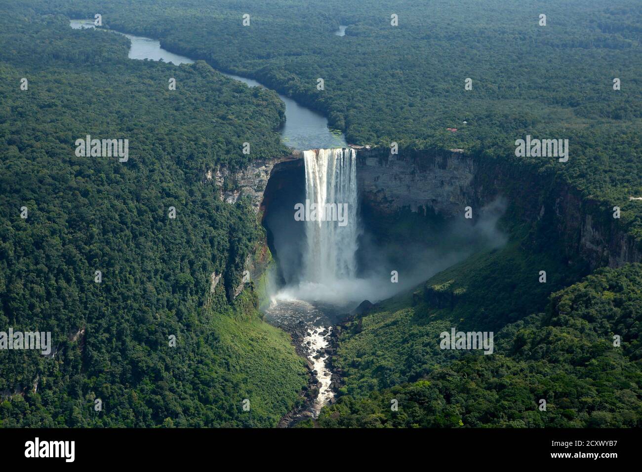 Une vue aérienne des chutes Kaicoeur dans le sud du Guyana le 10 avril 2011. Située sur les rivières Pitaro, la chute Kaieteur est considérée comme l'une des plus puissantes au monde en combinant la hauteur du grand plongeon de 741 pieds (226 mètres), avec le grand volume d'eau. Photo prise en avril 10. REUTERS/Andrea de Silva (GUYANA - Tags: ENVIRONNEMENT) Banque D'Images