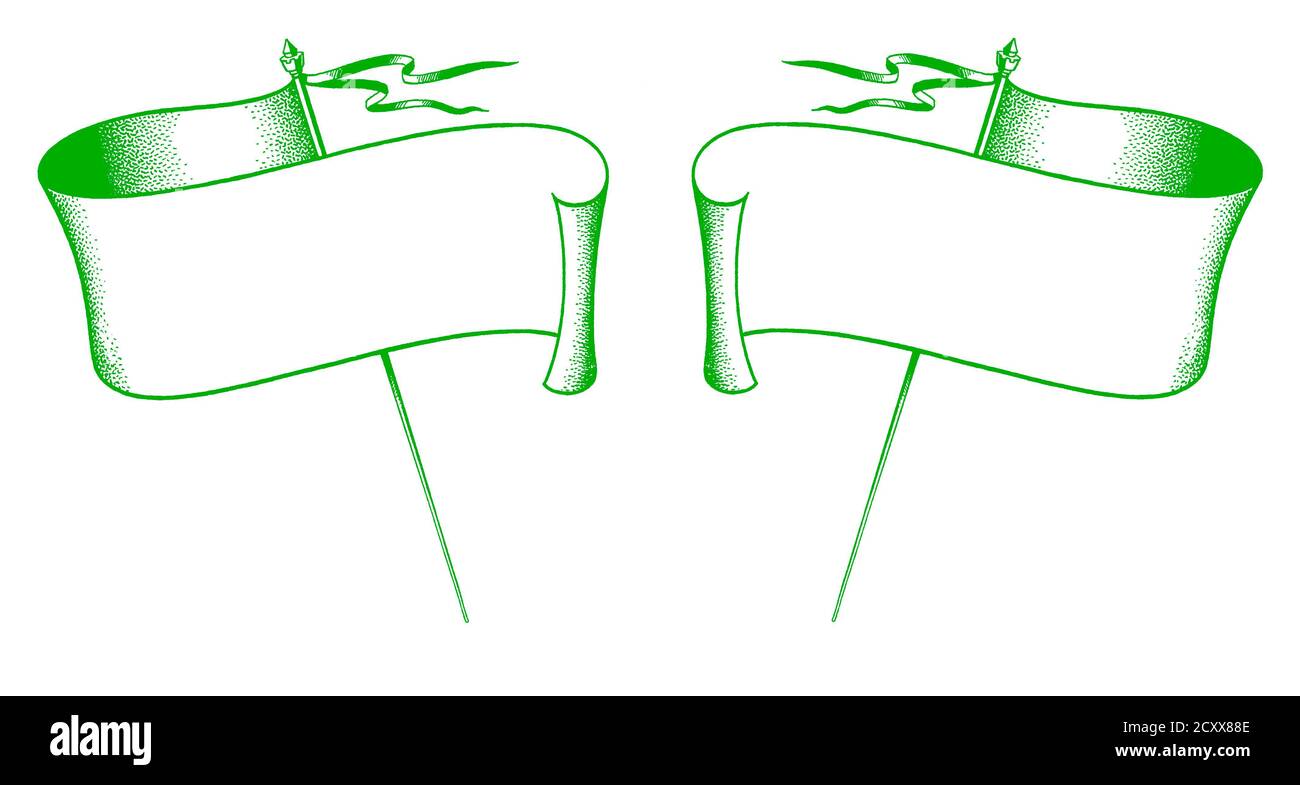 Une ligne en vert représentant un drapeau, un pennant, un ruban ou une bannière vierge sur un poteau – elle provient d'une œuvre publicitaire dessinée à la main au début des années 1950. Il s'agit d'un arrière-plan approprié pour ajouter un message ou d'autres travaux graphiques. Notez les autres variantes de couleur et de noir et blanc de ce modèle – graphiques vintage des années 1950. Banque D'Images