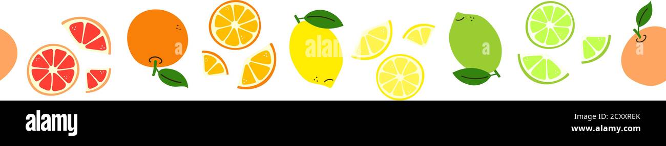 Agrumes. Motif de ligne avec citron, citron vert, orange, pamplemousse. Bordure transparente. Ensemble de fruits vectoriels lumineux isolés sur fond blanc. Sans fin Illustration de Vecteur
