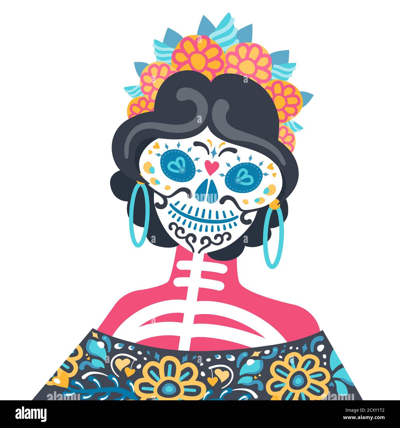 Calavera Catrina - vecteur isolé portrait d'épaule de femme squelette. Style populaire simple et fond blanc Illustration de Vecteur