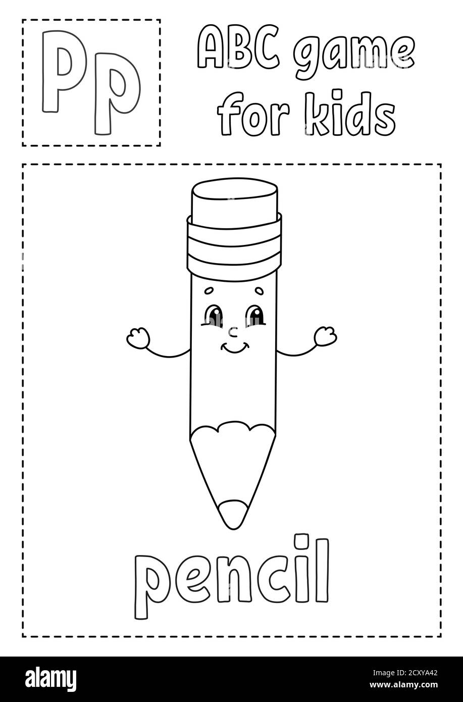 Jeu ABC pour enfants. Page de coloriage de l'alphabet. Personnage de dessin animé. Mot et lettre. Illustration vectorielle. Illustration de Vecteur