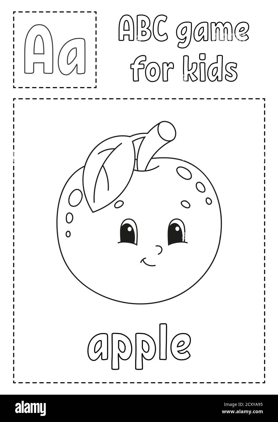 La lettre A est pour pomme . Jeu ABC pour enfants. Page de coloriage de l'alphabet. Personnage de dessin animé. Mot et lettre. Illustration vectorielle. Illustration de Vecteur