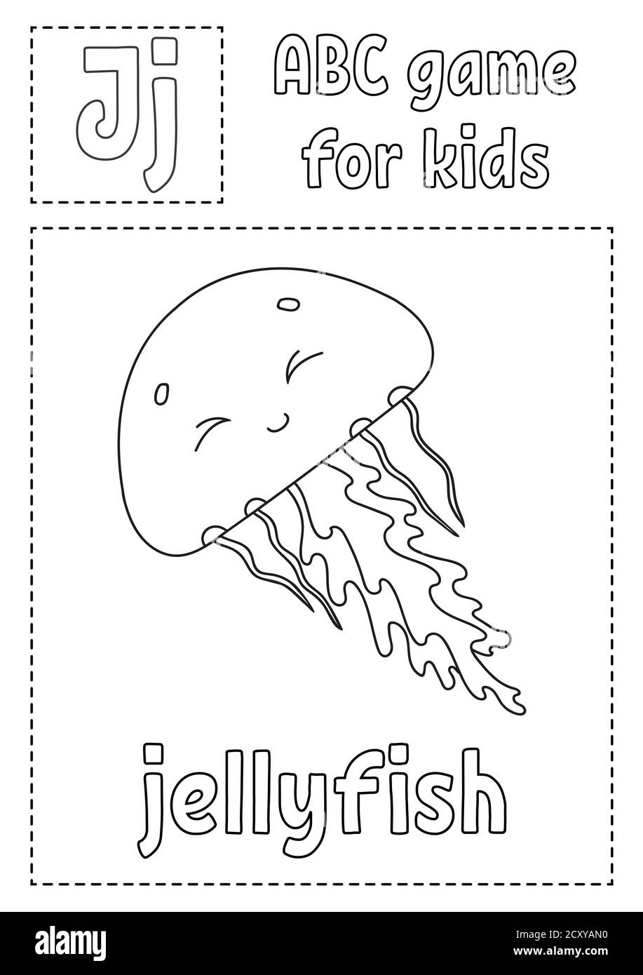 La lettre J est pour méduse. Jeu ABC pour enfants. Page de coloriage de l'alphabet. Personnage de dessin animé. Mot et lettre. Illustration vectorielle. Illustration de Vecteur