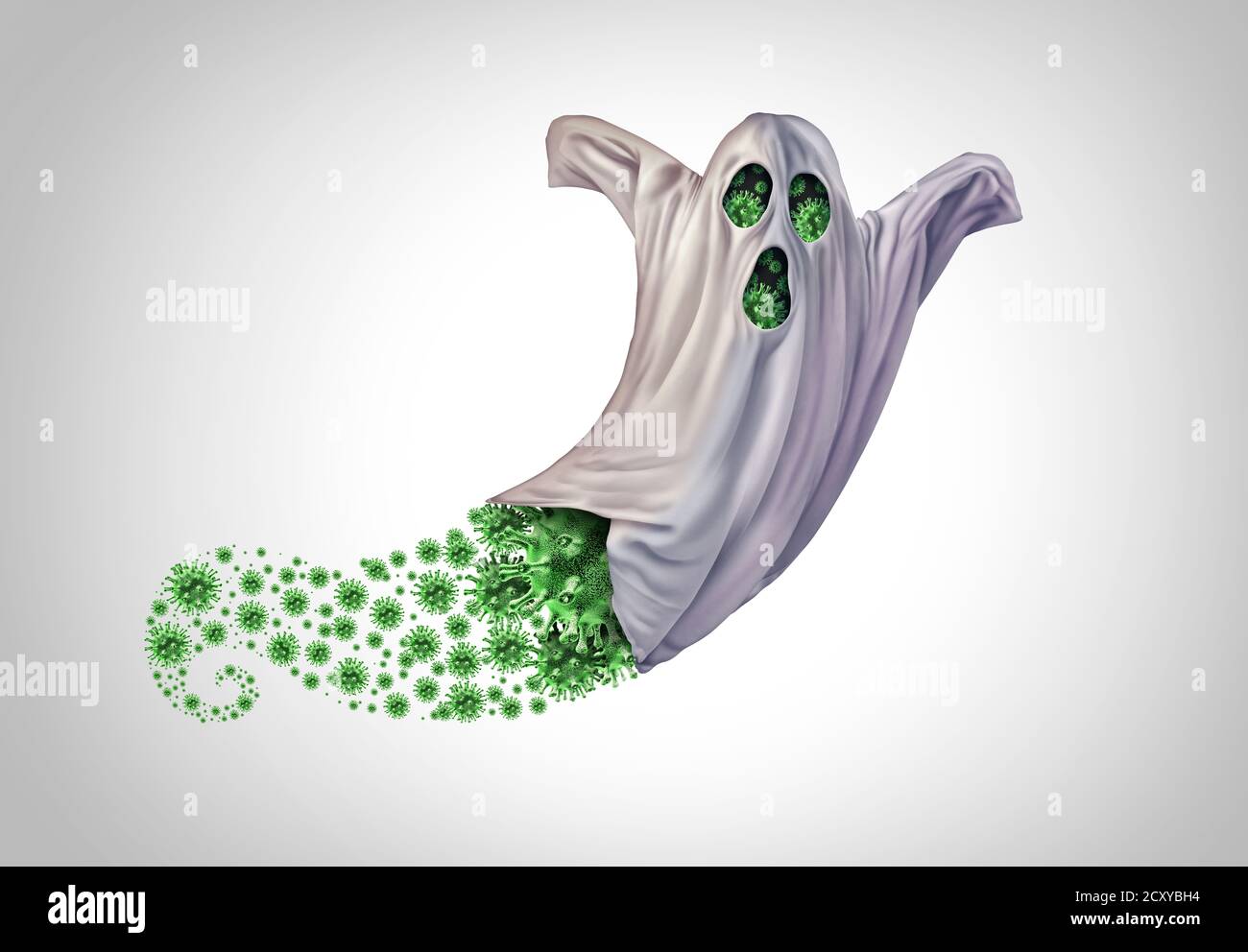 Virus fantôme comme un halloween saisonnier risque pour la santé publique de covid 19 ou coronavirus et symbole de grippe avec des éléments de rendu 3D. Banque D'Images