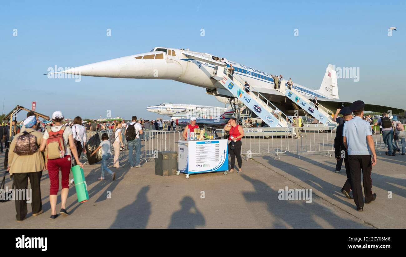 30 Août 2019 Zhukovsky, Russie. Avion de passagers supersoniques soviétiques Tupolev Tu-144 au salon international de l'aviation et de l'espace MAKS 2019. Banque D'Images