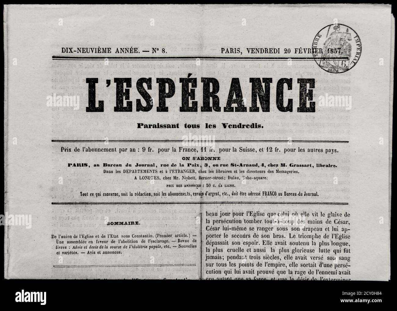 Février 1857 Journal religieux hebdomadaire français 'l'espérance'. Banque D'Images