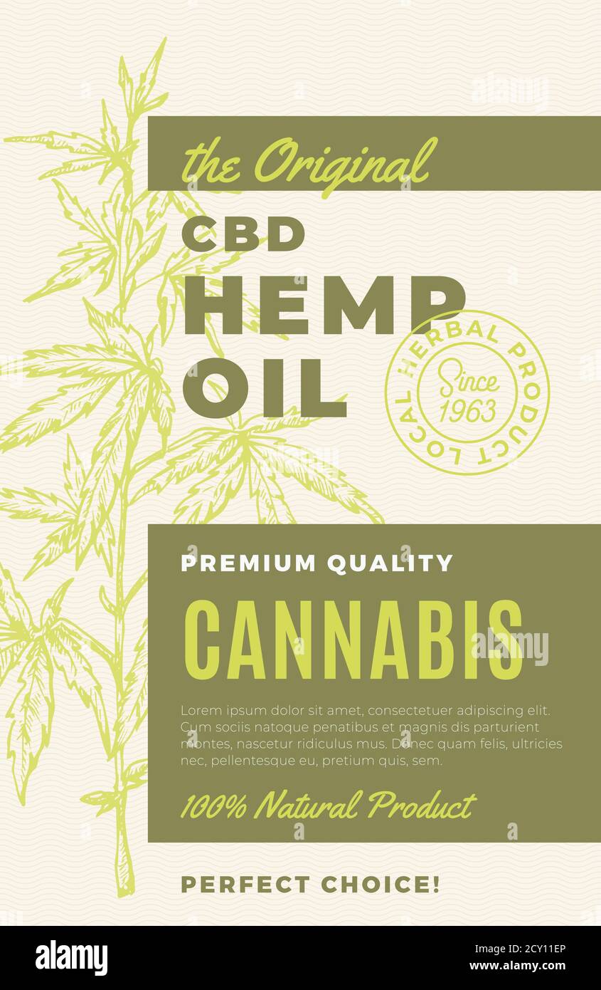 L'étiquette originale de conception de vecteur abstrait d'huile de chanvre CBD. Typographie moderne et branche de l'usine de cannabis dessinée à la main avec des feuilles esquisse Silhouette Illustration de Vecteur
