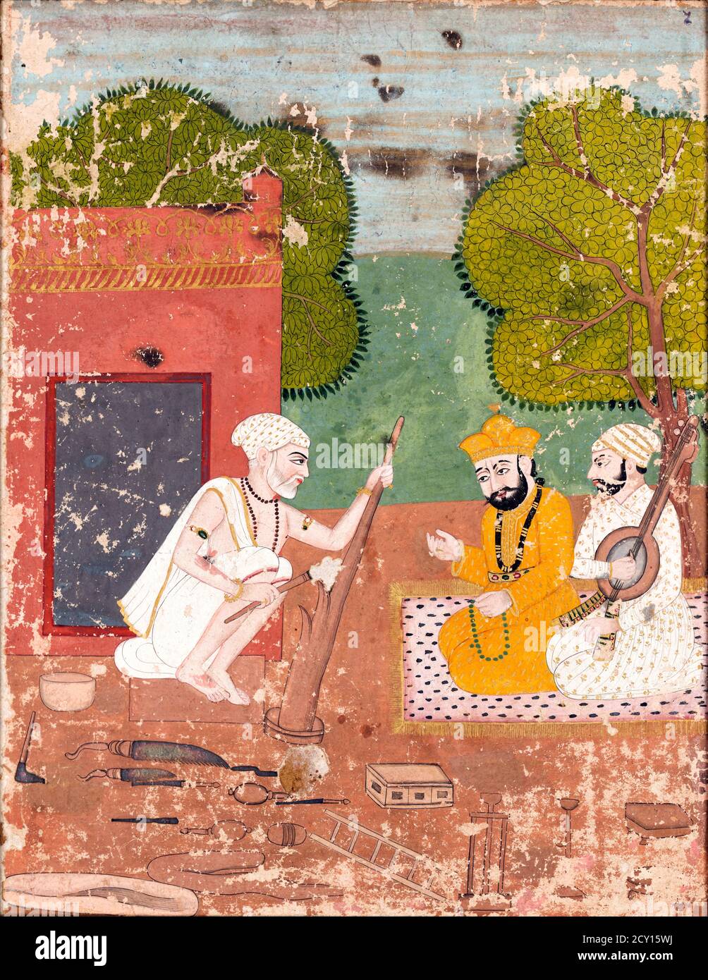 Guru Nanak avec Mardana dans la Maison de Bhai Lalu, peinture, pigment sur papier, c.1825-50. Guru Nanak a été le premier Guru sikh et le fondateur du Sikhisme. Banque D'Images